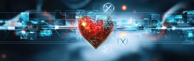 A glowing red heart overlays blue medical network data lines and interface icons.