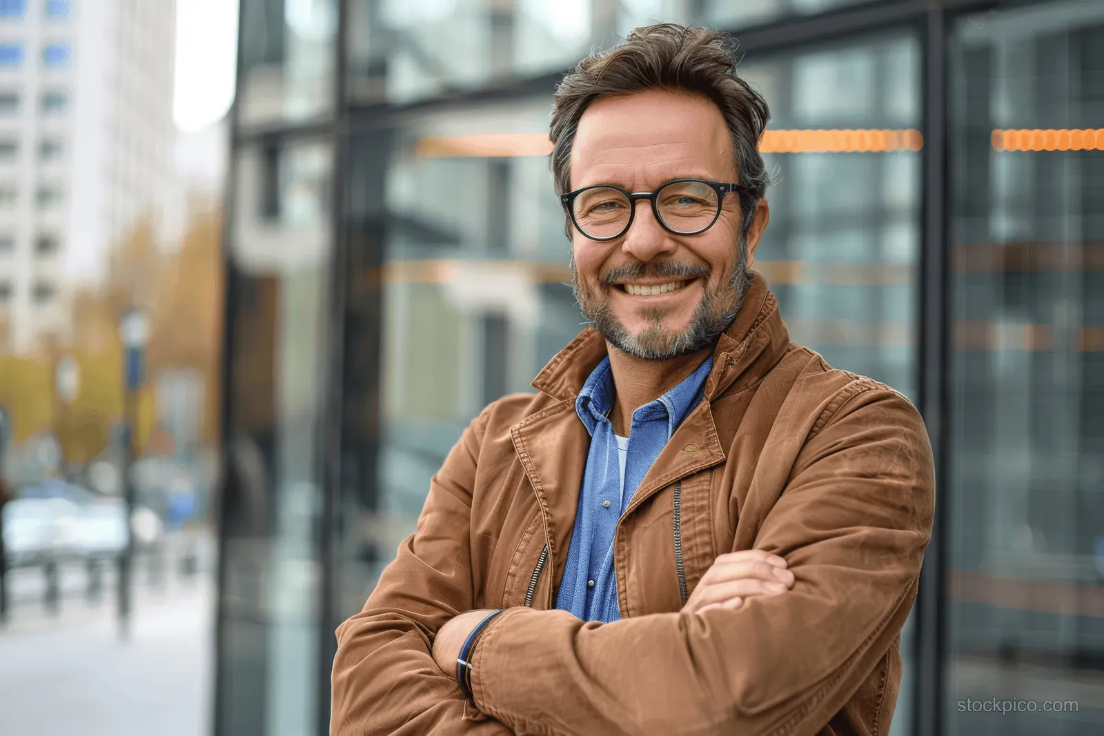 Smiling entrepreneur with arms crossed wearing glasses and a brown jacket in front of a glass office building.