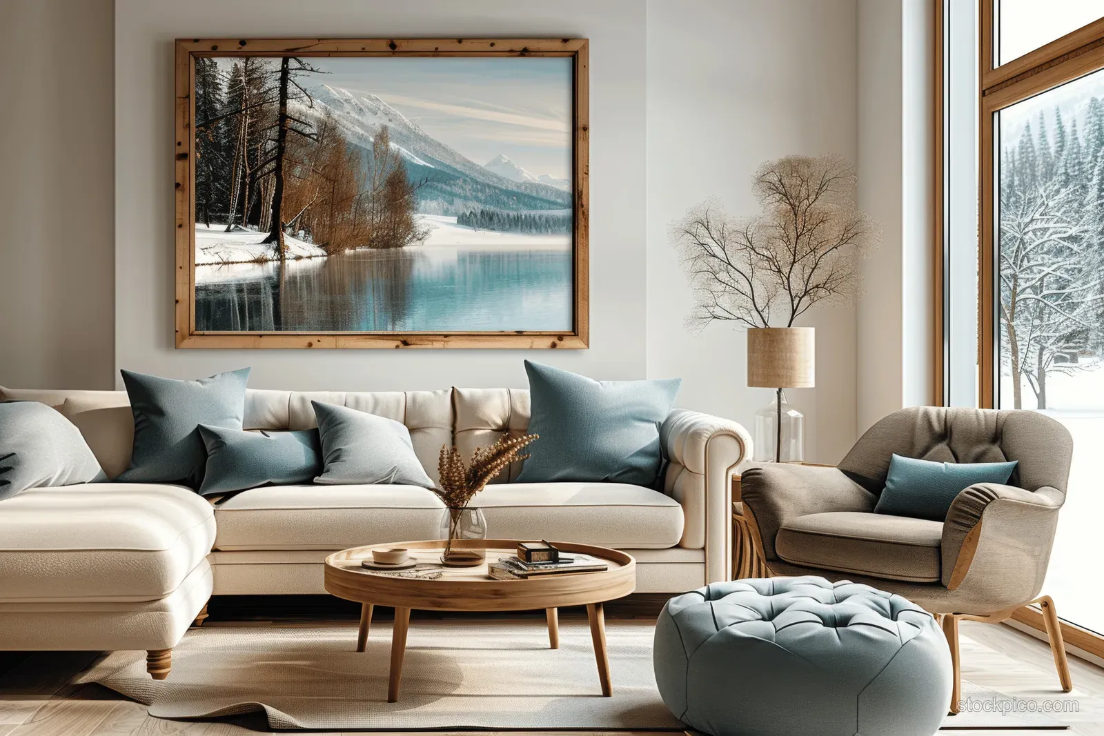 Tufted sofas and armchairs surround a wooden coffee table in a bright living room with framed snowy lake wall art.