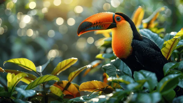 Toucan perched among tropical rainforest leaves with golden sunlight bokeh behind