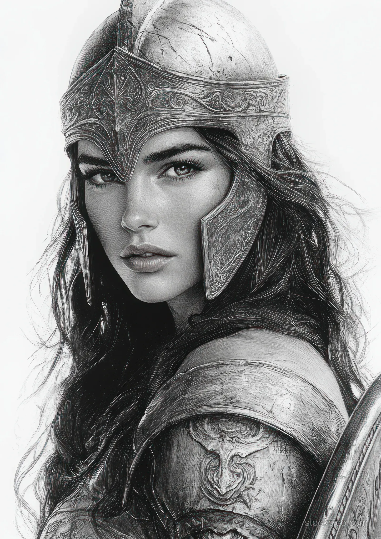 Monochrome pencil sketch portrait of a Greek warrior woman wearing an ornate helmet, with shield details beside her.