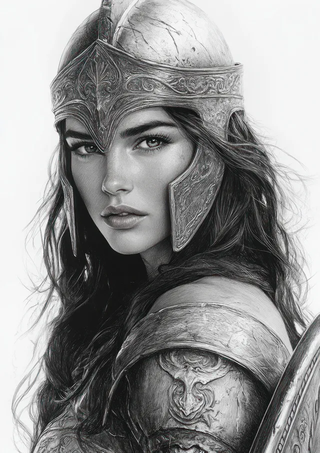 Greek warrior woman portrait in pencil sketch, helmet and shield, focused gaze
