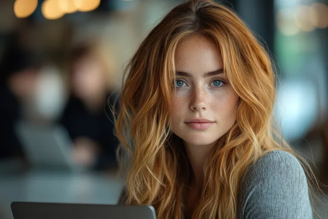 A confident woman types on a laptop in a modern office, with blurred colleagues behind her.