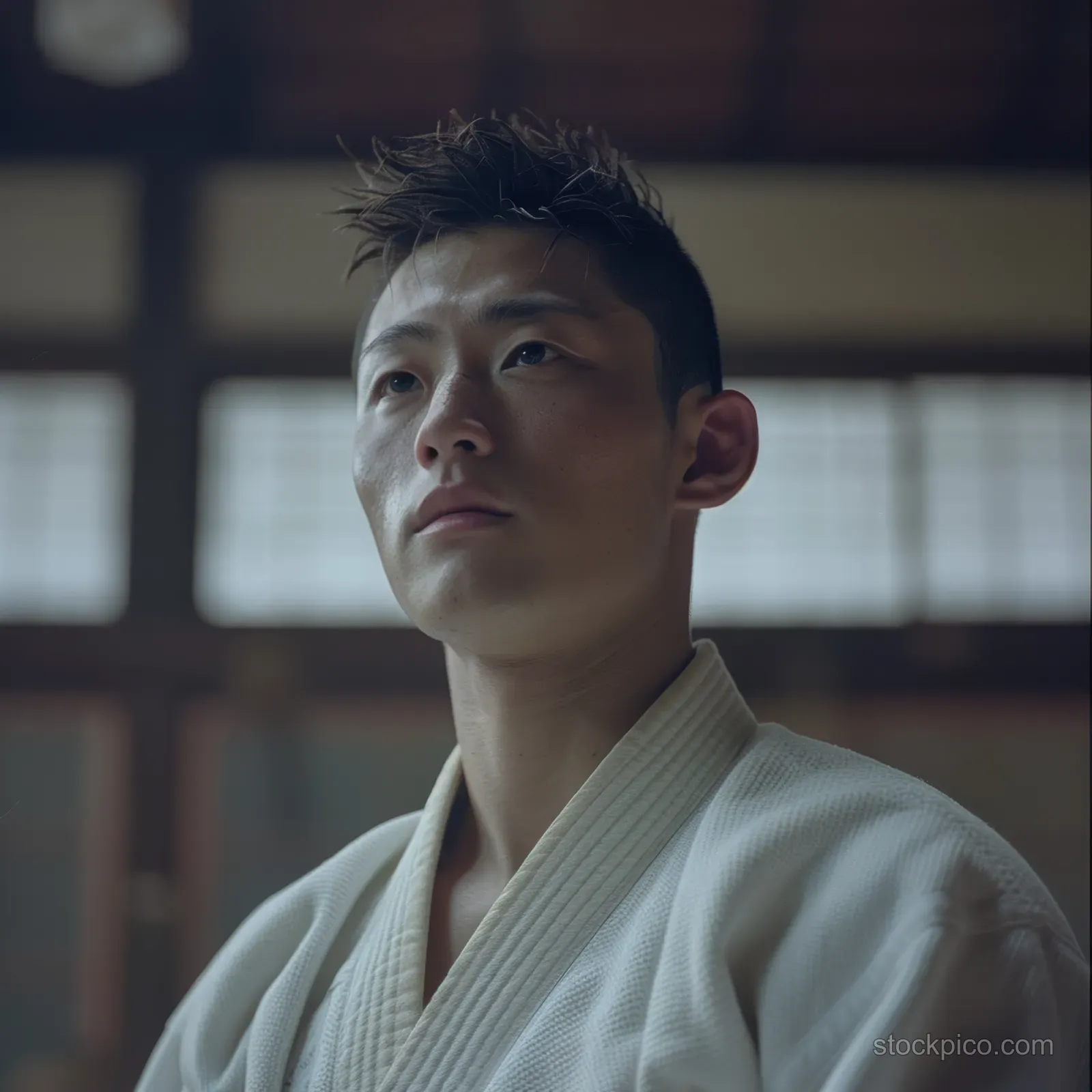Japanese judoka in a white gi stands in a dojo, facing a window with a calm reflective pose.