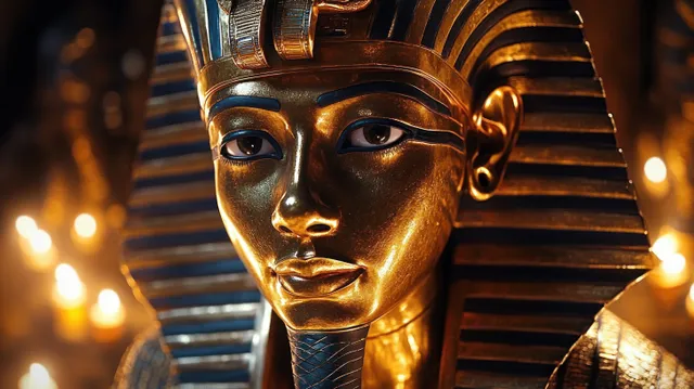 Close-up golden Egyptian pharaoh statue head with blue striped headdress in candlelit glow