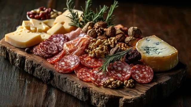 Rustic wooden board with sliced cured meats, assorted cheeses, walnuts, and fresh rosemary arranged neatly.