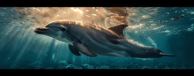 Dolphin swimming through sunbeams in deep blue water with bubbles and coral reef