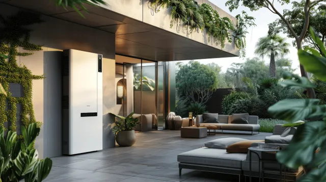 Wall mounted outdoor home battery storage unit on a patio wall beside a glass door and surrounding plants.