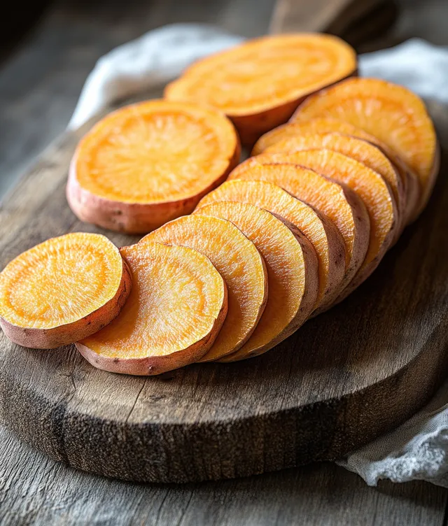 Raw sweet potato rounds are arranged on a rustic wooden cutting board with a textured cloth in the background.