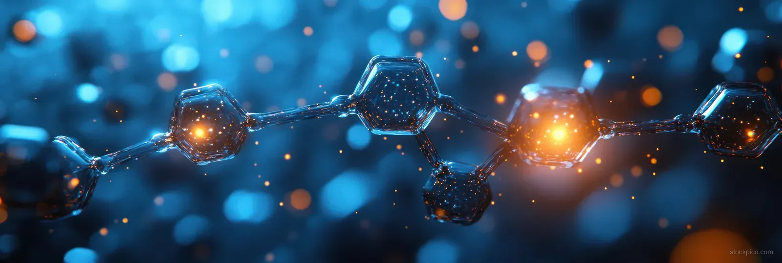 Glowing molecular nodes and connecting lines hover over a blue hexagonal tech pattern background.