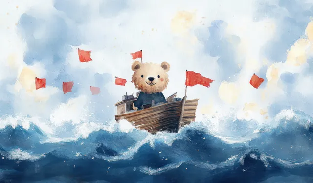 A teddy bear rides a wooden boat on choppy blue ocean waves under a bright sky with red flags fluttering.