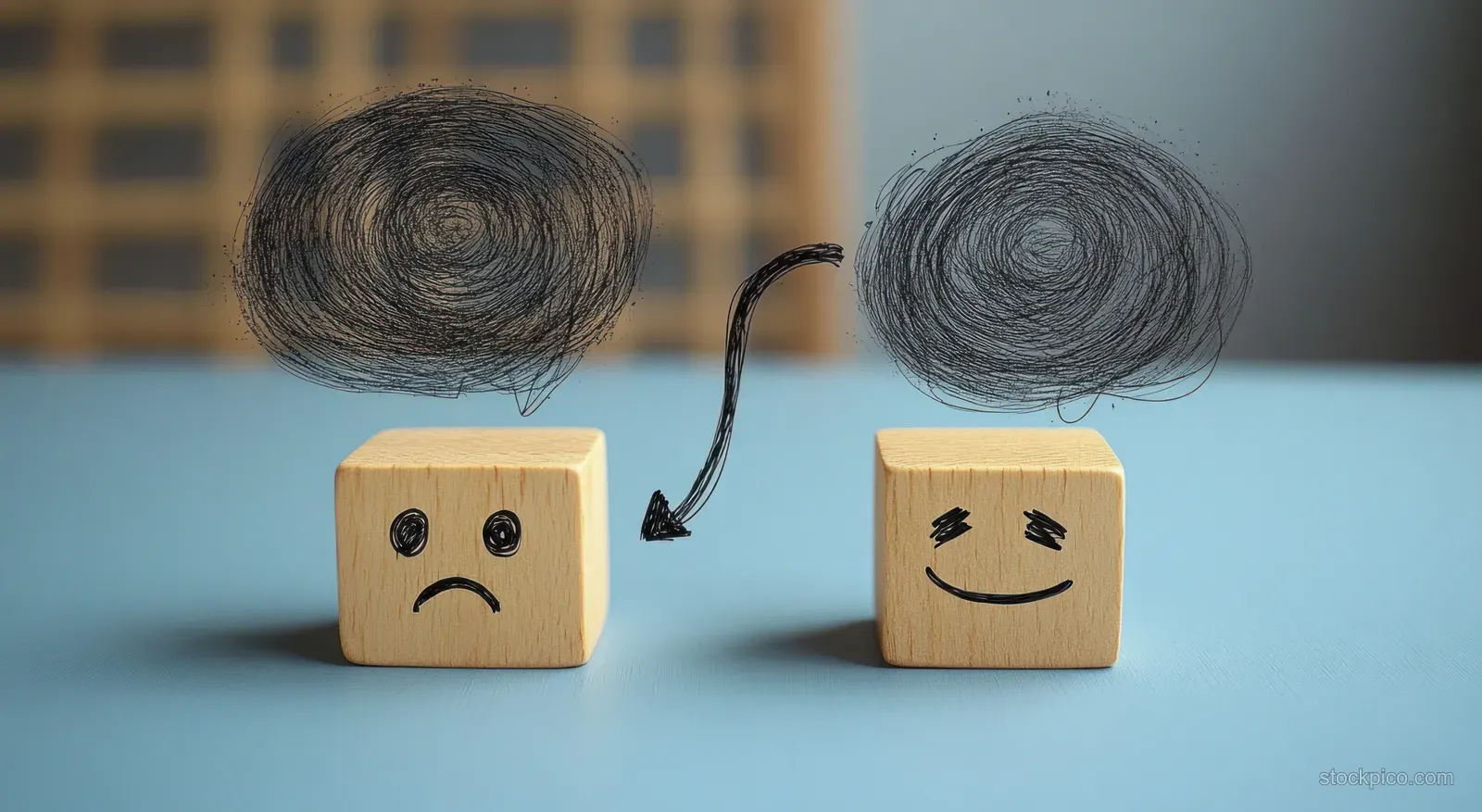 Two wooden blocks with sad and happy faces sit side by side with a curved arrow and swirling lines above them.