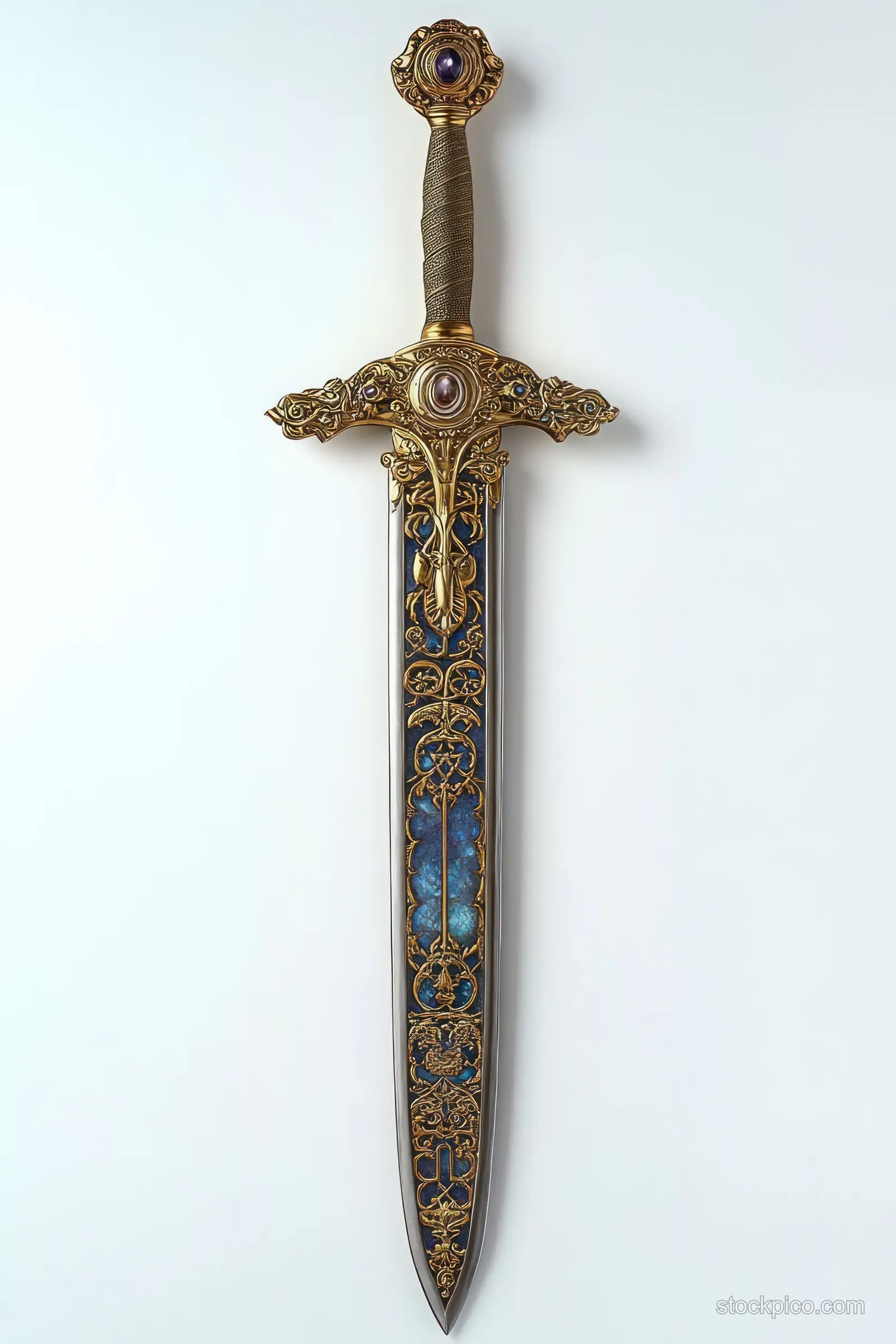 Decorative sword with gold crossguard, jeweled pommel, and intricate blue patterned blade against a light background.