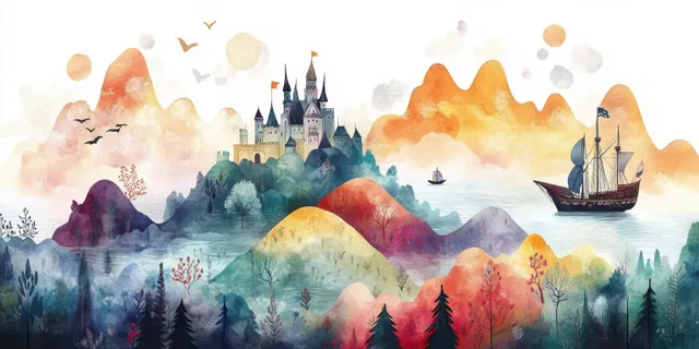 Whimsical castle ship sails past colorful watercolor hills over misty fantasy lake