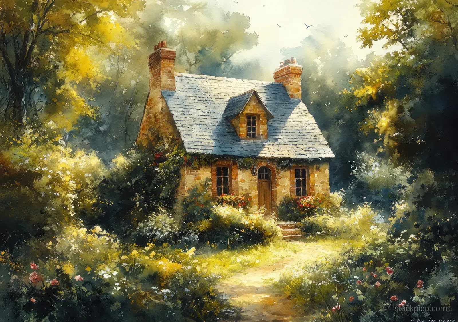 A cozy cottage with a red tiled roof surrounded by lush greenery and flowers in a warm summer countryside setting.