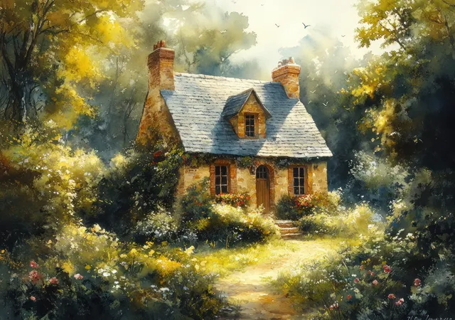 Watercolor Summer Countryside Cottage with Garden Greenery and Red Tiled Roof