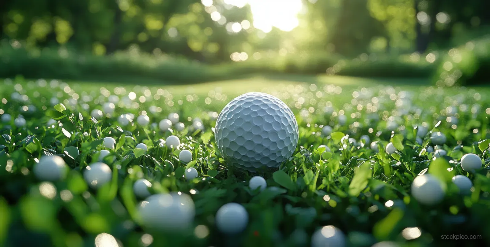 A white golf ball on a tee in dew-covered grass with blurred sunlit green background behind it.