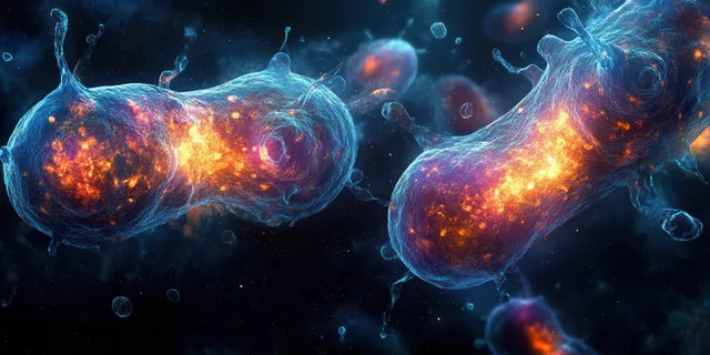 Glowing bacteria undergoing binary fission under dark microscope lighting with blue and orange membranes with Single Celled Organisms
