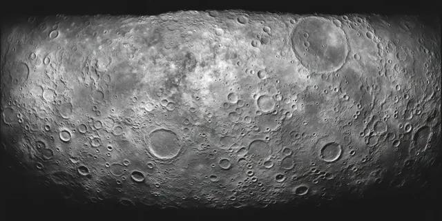 Grayscale lunar surface map with dense impact craters and shadowed crater rims across rough terrain.