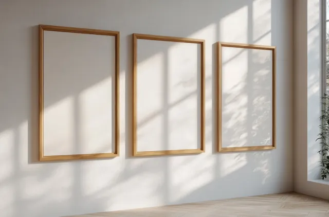 Three empty wooden picture frames hang on a light wall in a minimalist Scandinavian room with soft window shadows.