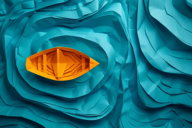 Yellow paper boat floating inside a curled blue paper labyrinth with a small opening exit.