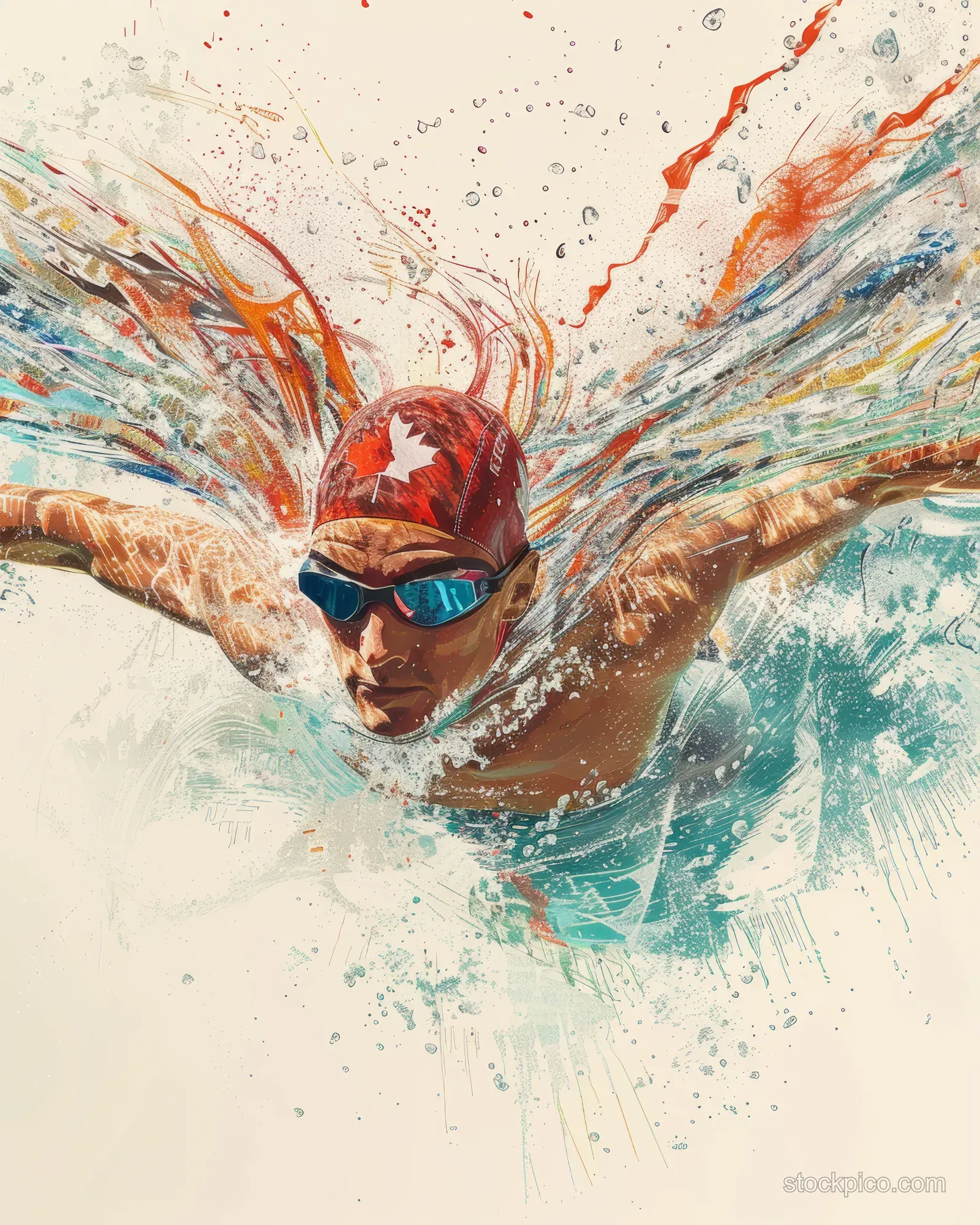 Illustrated male swimmer in butterfly stroke making a dramatic splash with swirling water motion lines.