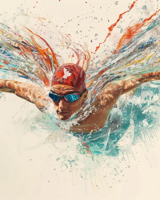 Illustrated male swimmer in butterfly stroke making a dramatic splash with swirling water motion lines.