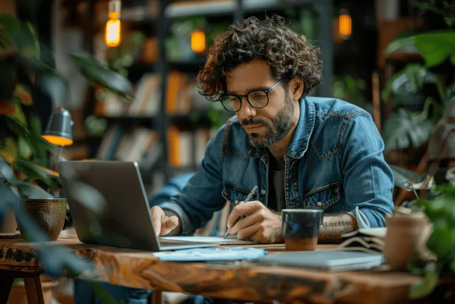 A man in glasses writes notes in a notebook while working on a laptop at a desk.