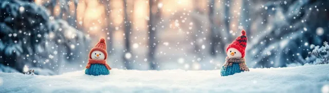 Knitted snowmen standing in a snowy wonderland, falling snow and glowing lights behind