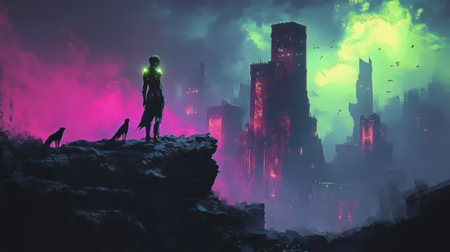 Futuristic warrior stands on ruined skyline with neon guardian wildcats at night