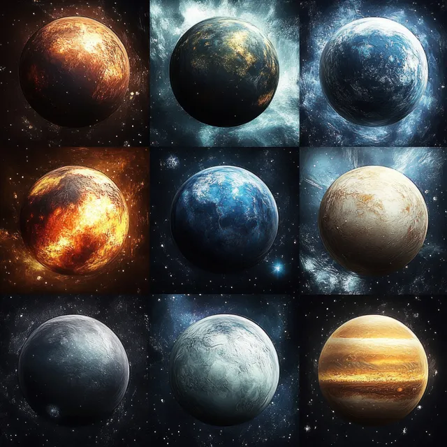 Nine different planets arranged in a grid float against a deep space starfield with glowing nebula lighting.