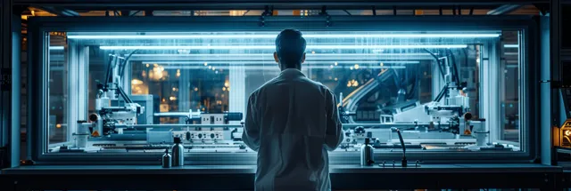 An engineer observes an injection molding machine with gauge controls through a blue-lit industrial viewing window.