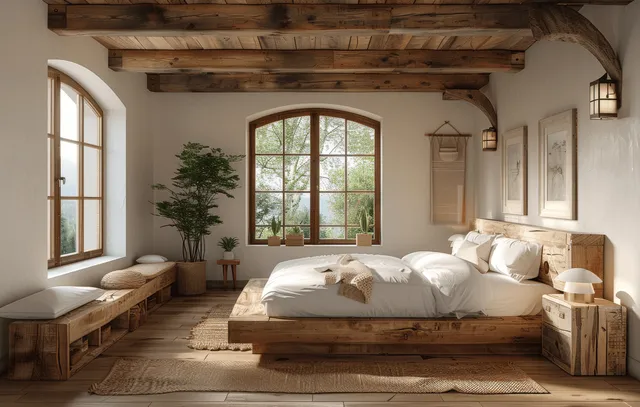 Sunlit farmhouse bedroom with a wooden bed, exposed timber beams, and arched windows in a warm interior.