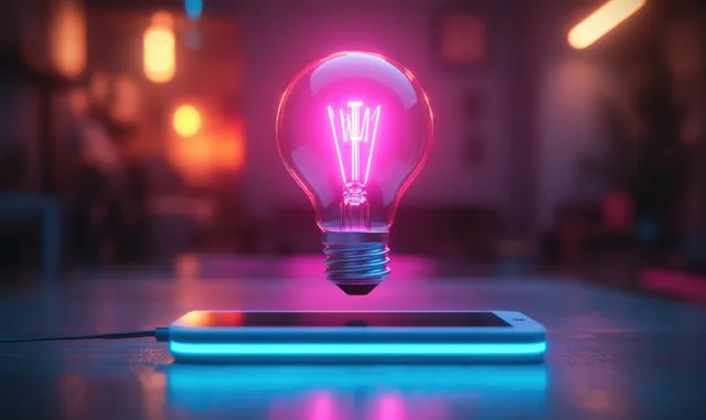 A neon glowing light bulb is placed on a smartphone display in a blurred colorful room.