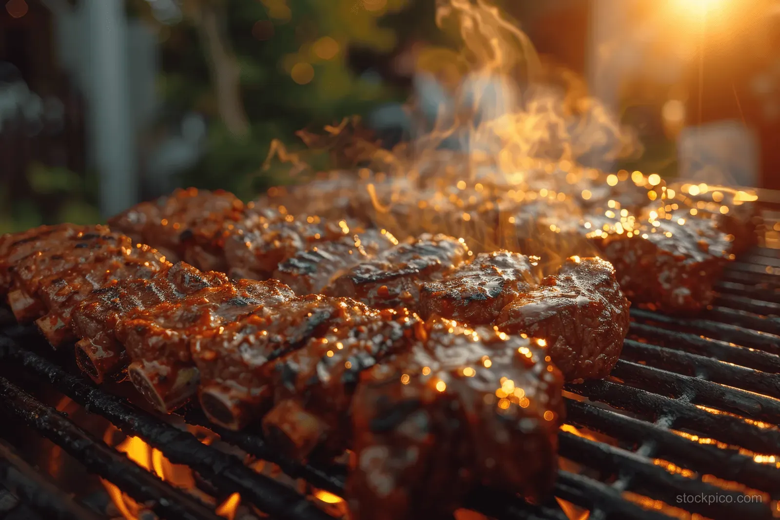 Marinated ribs sizzle on a barbecue grill grate with smoke and small flames glowing during sunset.
