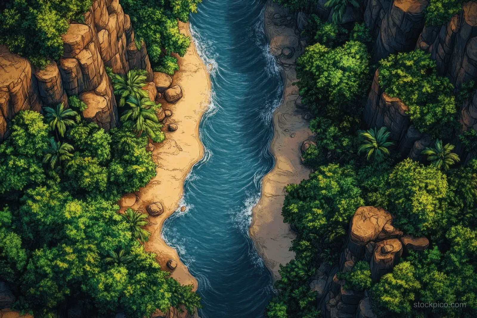 A winding river cuts through a tropical canyon, surrounded by lush green jungle and rocky cliffs.