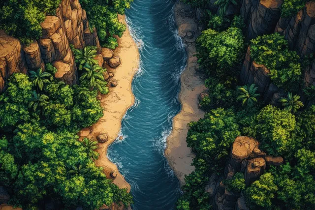 A winding river cuts through a tropical canyon, surrounded by lush green jungle and rocky cliffs.