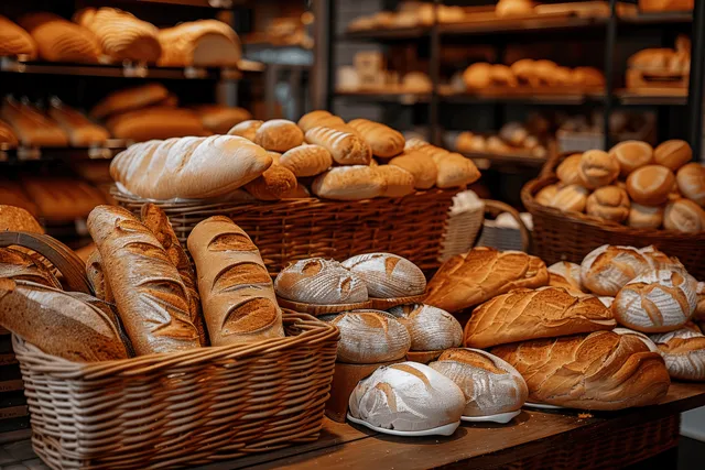 A bakery counter displays an assortment of fresh baguettes, loaves, buns, and cookies in rustic baskets.