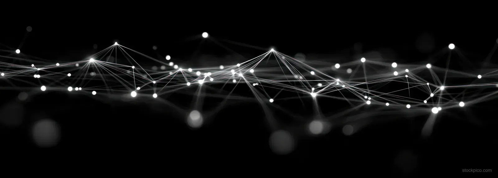 Glowing nodes connected by luminous lines form a futuristic abstract network on a dark background.