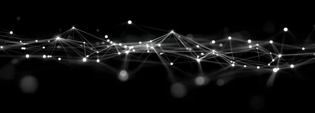 Glowing network nodes connected by luminous lines over a dark abstract geometric backdrop