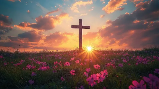 Wooden cross silhouetted in a pink flower field during sunset with glowing sun and clouds behind it.