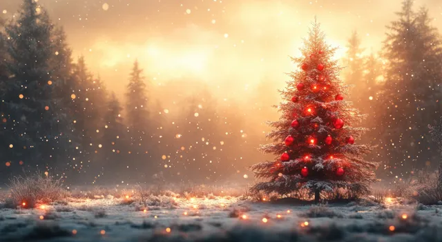 A glowing Christmas tree with red ornaments stands in a snowy winter landscape with falling snow at dusk.