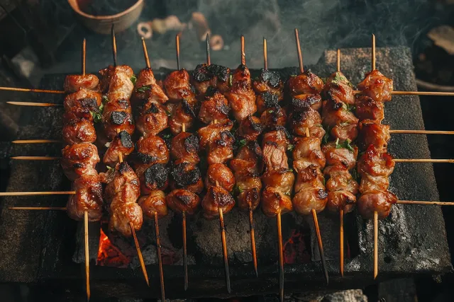 Brochetas de satay de pollo a la parrilla sobre brasas incandescentes con humo visible y glaseado caramelizado.