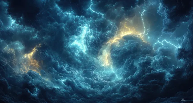 Multiple lightning bolts flash through swirling dark storm clouds over a dark ocean at night.