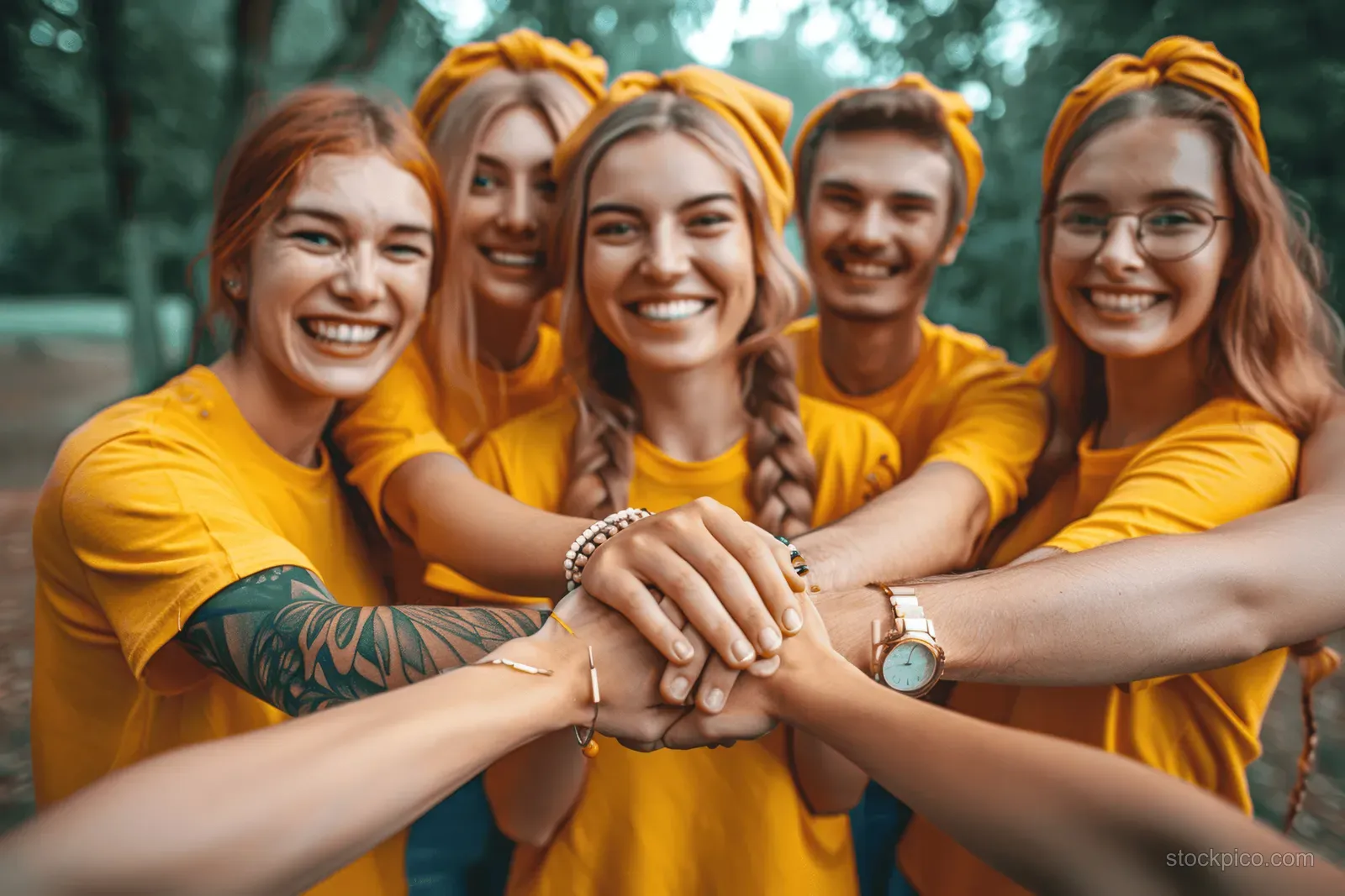 Diverse friends in yellow shirts stack their hands together outdoors in a park with green trees behind them.