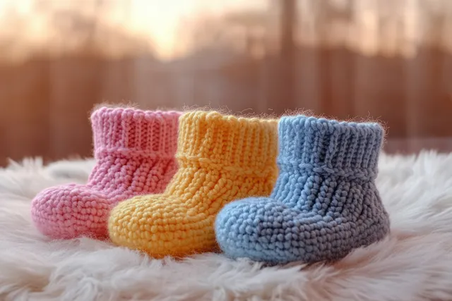 Pastel crocheted baby booties in pink, yellow, and blue resting on soft white fur.