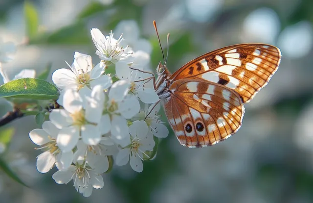 An orange-and-white butterfly perches on white blossoms while green leaves blur in soft daylight.