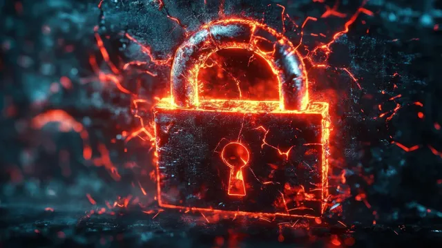 Broken padlock glowing with cyber sparks over email security breach background
