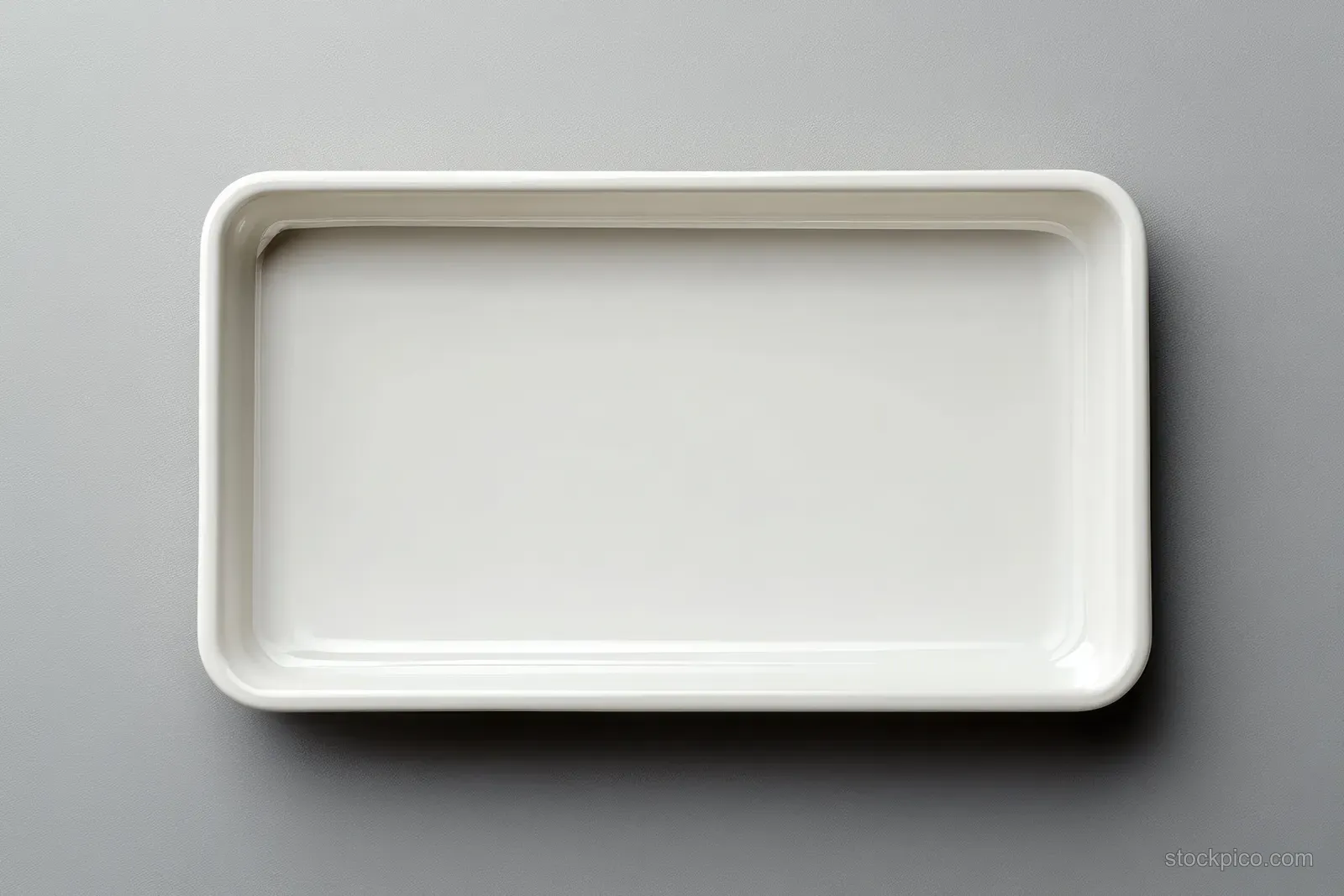 Empty white rectangular food tray placed on a soft grey background in a top-down view.