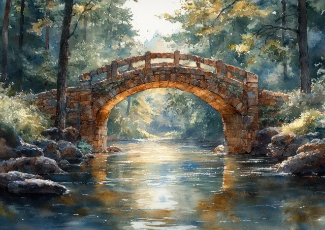 Watercolor illustration of an old stone arch bridge over a calm river with dappled sunlight in a green forest.